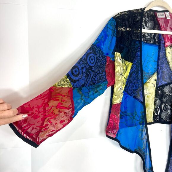 Chico's Silk Lace patchwork Top Women Large Multicolor Velvet Tie Front blouse 2 - Picture 10 of 15